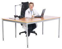 Doctor sitting at desk.